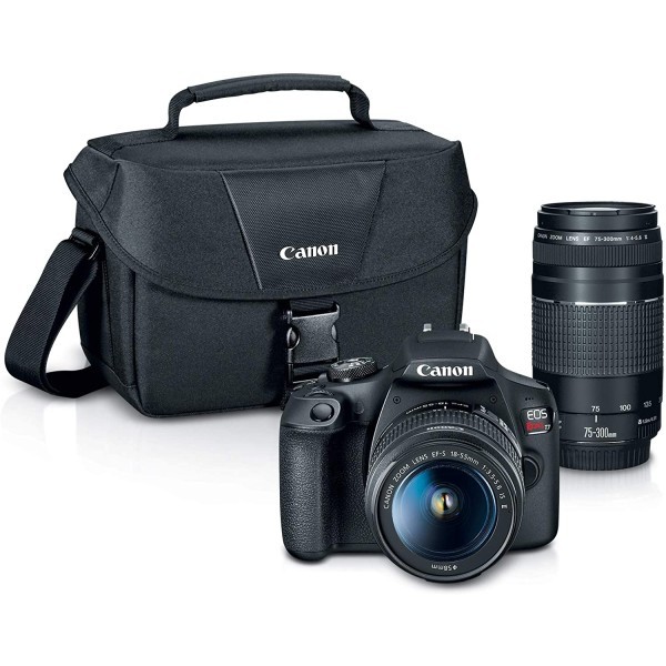 Canon EOS Rebel T7 数码单反相机|2 个镜头套件,带 EF18-55mm + EF 75-300mm 镜头,送包，黑色